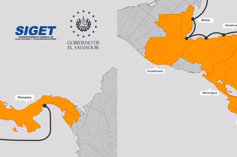 A map comparing direct and multi-stop undersea fiber optic cable connections between El Salvador and Panama in Central America, featuring logos for SIGET and Liberty Networks
