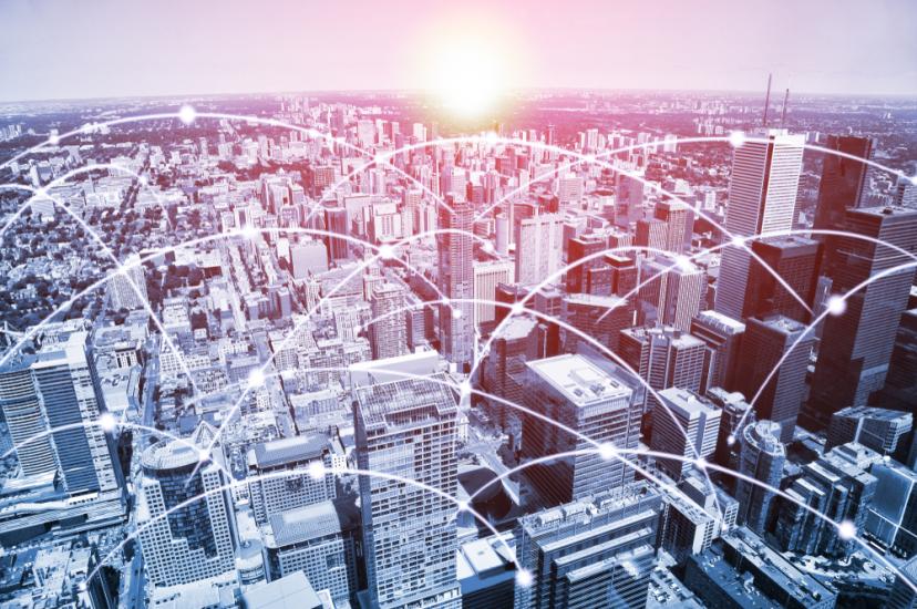 Modern Toronto urban skyline with high-speed data and internet communication network. Concept of cyber network in big city with copy space