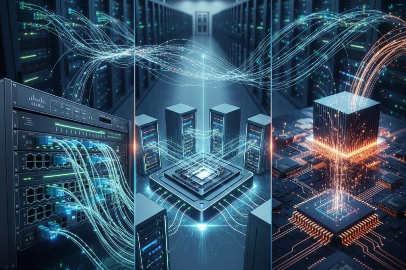 A conceptual image showing three panels: a network router with fibre cables on the left, a central processing unit (CPU) surrounded by servers in the middle, and a microchip board on the right, all connected by glowing digital data streams in a dark server room