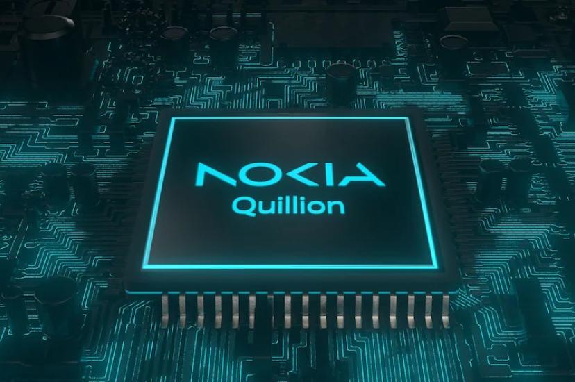Graphic depicting a chip with blue writing. It says Nokia and Quillion 