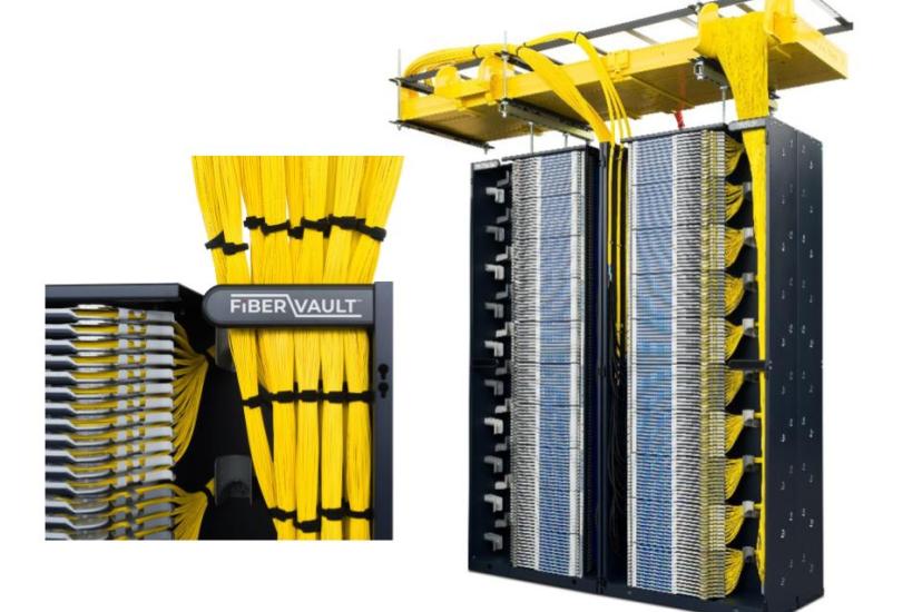 Image of FiberVault rack system with yellow cables and a close up cut away