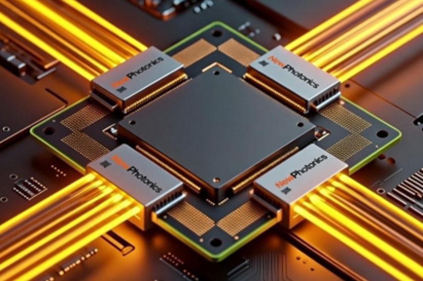 A technical illustration showing a 1.6T near-packaged optics chiplet installed on a high-performance PCB adjacent to an AI accelerator in a data centre environment