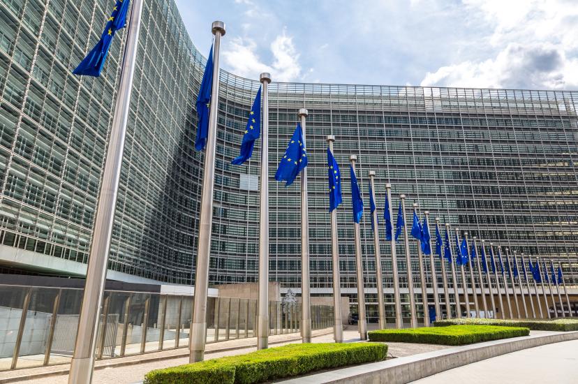 European flags in front of headquarters of European commission in Brussels in summer day to illustrate The FTTH Council Europe has endorsed the European Commission's proposed Digital Networks Act (DNA)
