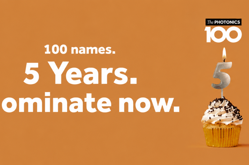 Promotional graphic for The Photonics100 featuring a cupcake topped with a lit silver number 5 candle against a warm orange background. Large white text reads: "100 names. 5 Years. Nominate now." The Photonics100 logo appears above the candle. The image celebrates the fifth anniversary of The Photonics100 and encourages nominations.