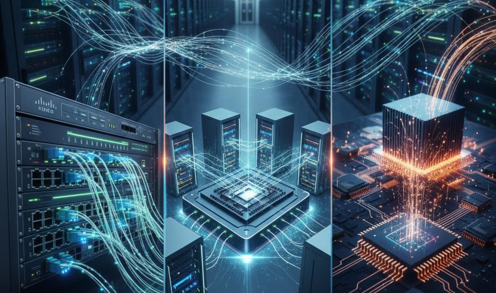 A conceptual image showing three panels: a network router with fibre cables on the left, a central processing unit (CPU) surrounded by servers in the middle, and a microchip board on the right, all connected by glowing digital data streams in a dark server room