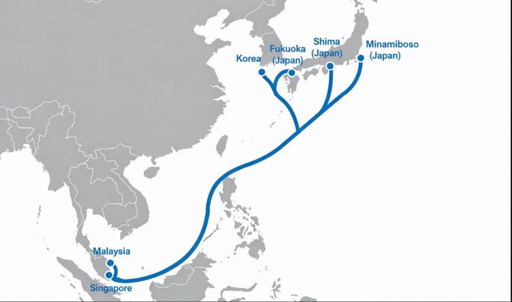 grey map of Japan (Chiba, Mie, Fukuoka), Malaysia, Singapore, and South Korea, with blue line depicting a subsea cable route