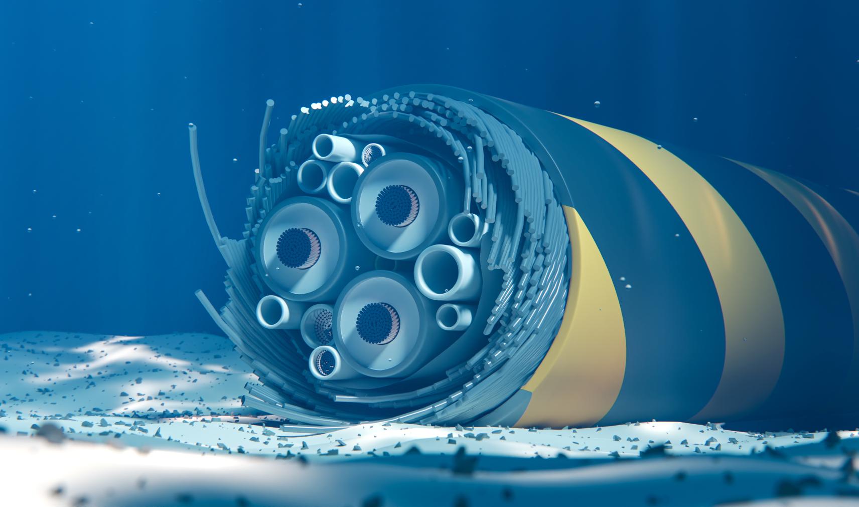 Broken submarine cable on the seabed. Internet connection failure. 3d rendering