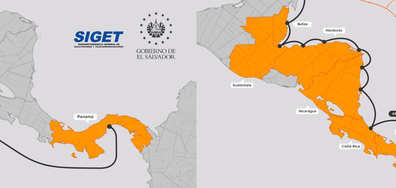 A map comparing direct and multi-stop undersea fiber optic cable connections between El Salvador and Panama in Central America, featuring logos for SIGET and Liberty Networks