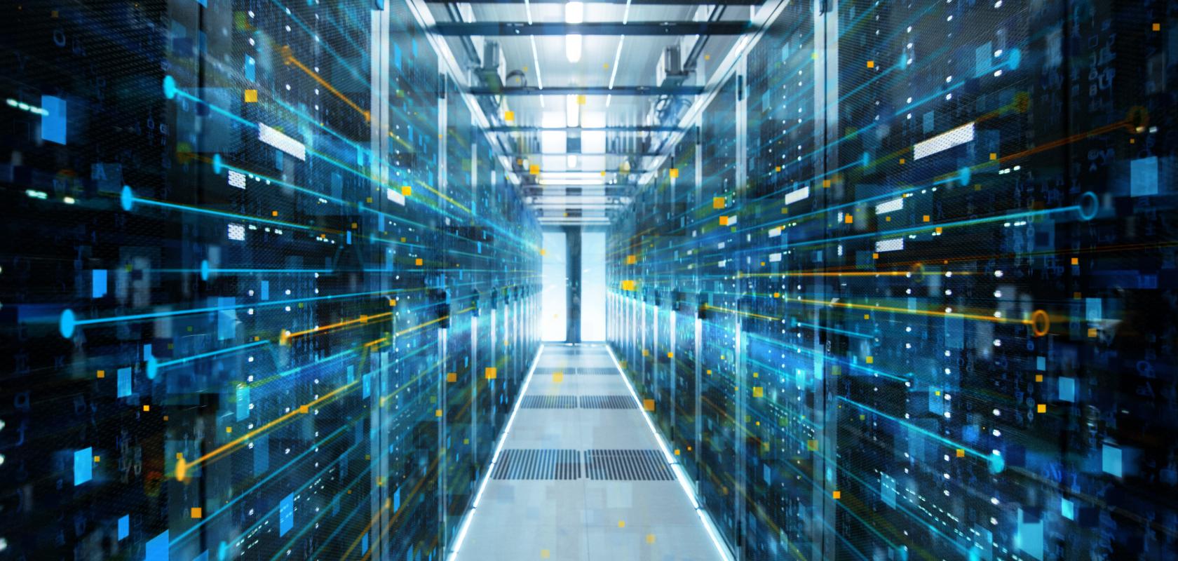 Corridor in Working Data Center Full of Rack Servers and Supercomputers with Internet connection Visualization Projection