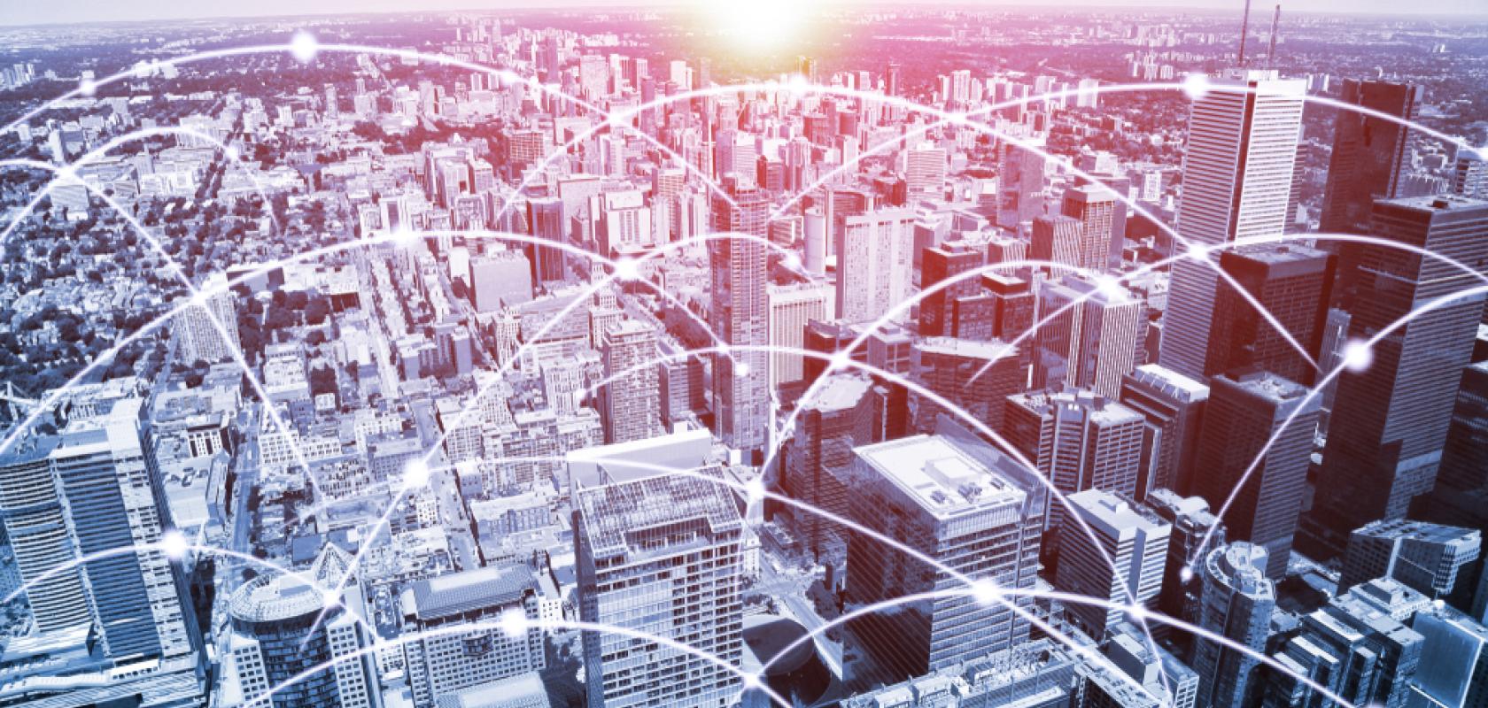 Modern Toronto urban skyline with high-speed data and internet communication network. Concept of cyber network in big city with copy space