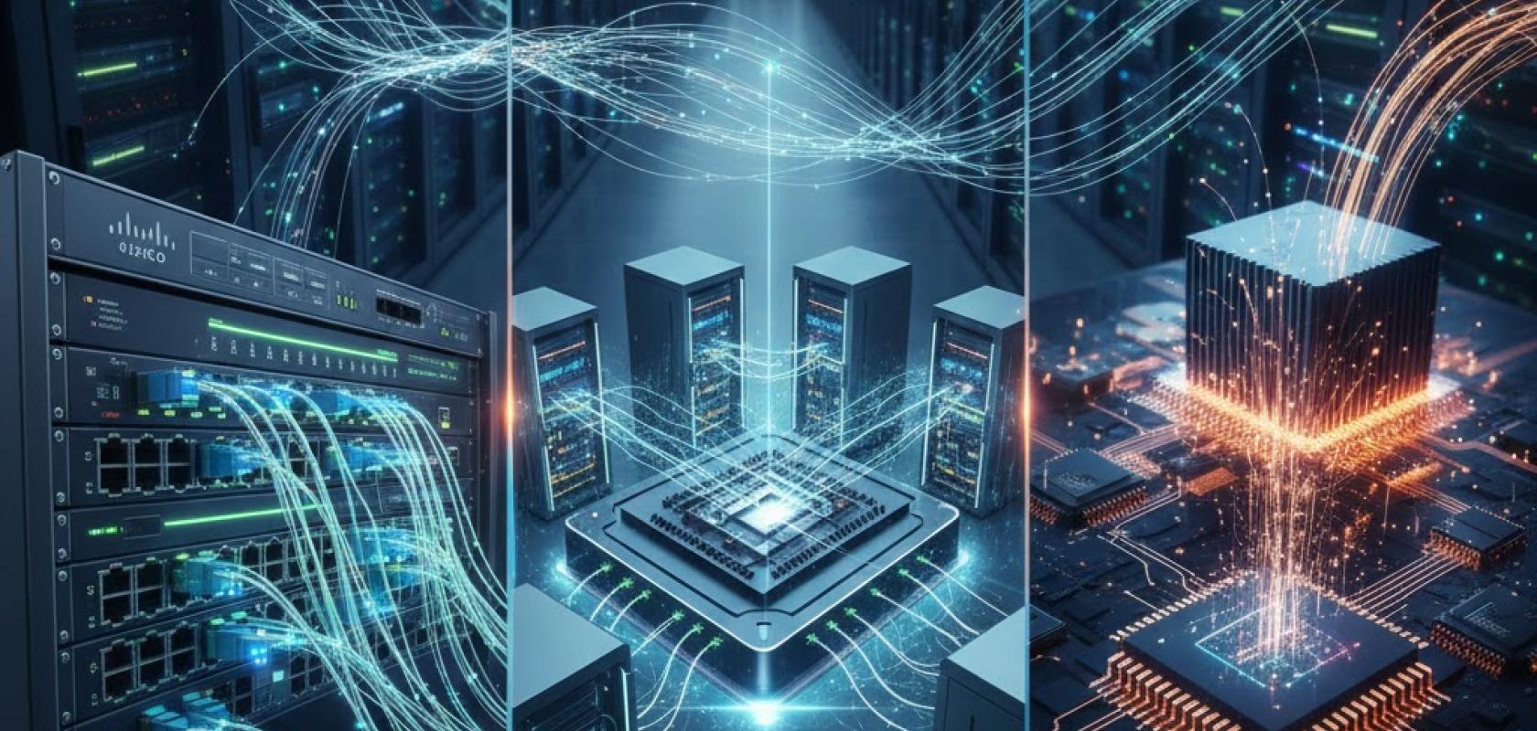 A conceptual image showing three panels: a network router with fibre cables on the left, a central processing unit (CPU) surrounded by servers in the middle, and a microchip board on the right, all connected by glowing digital data streams in a dark server room