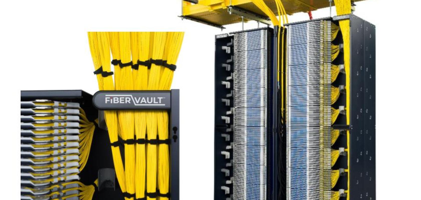 Image of FiberVault rack system with yellow cables and a close up cut away