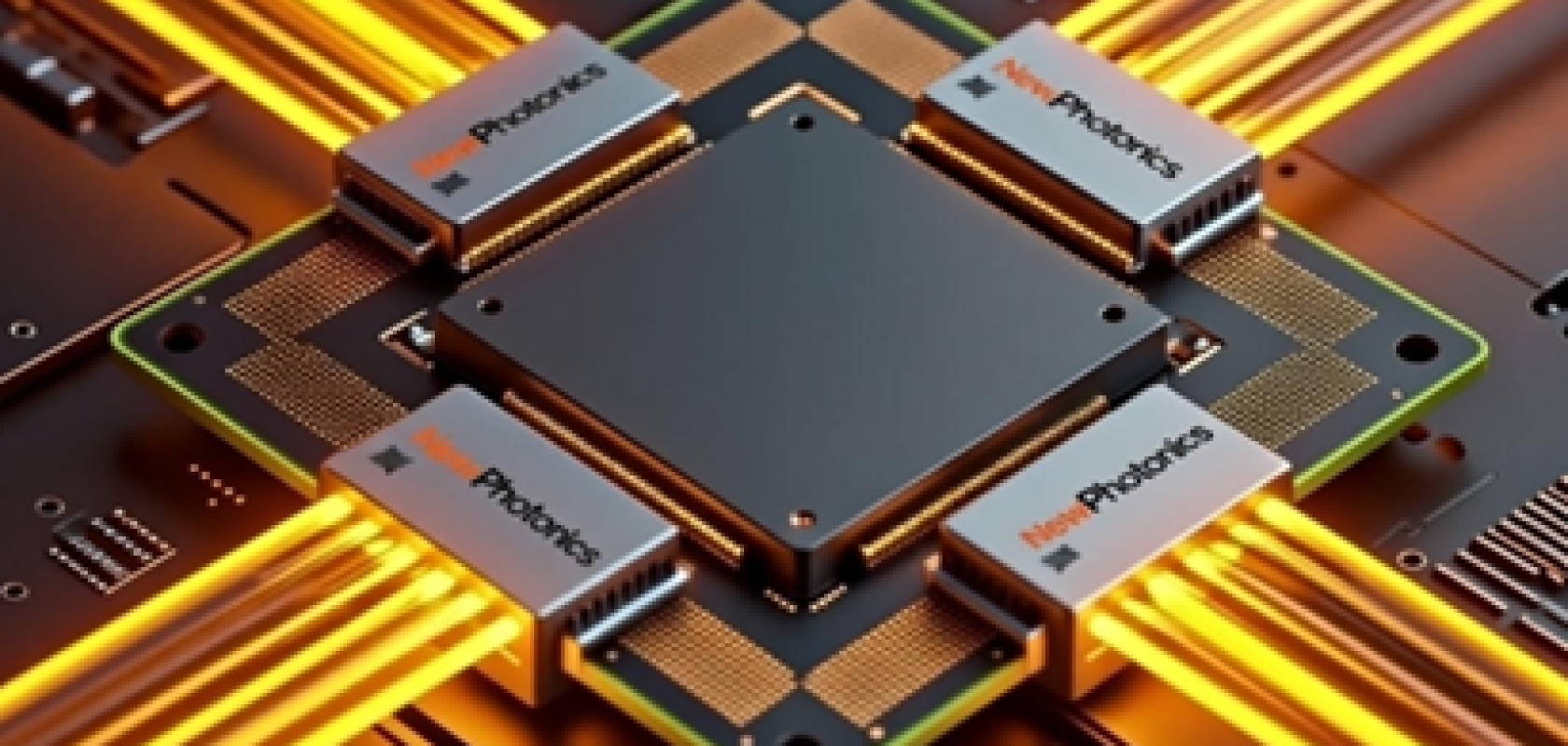 A technical illustration showing a 1.6T near-packaged optics chiplet installed on a high-performance PCB adjacent to an AI accelerator in a data centre environment