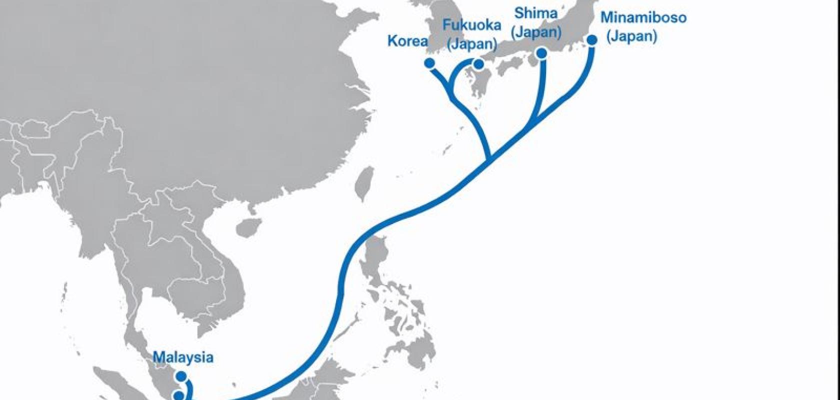 grey map of Japan (Chiba, Mie, Fukuoka), Malaysia, Singapore, and South Korea, with blue line depicting a subsea cable route