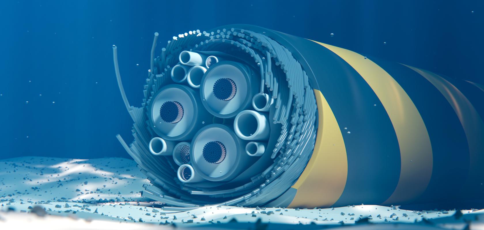 Broken submarine cable on the seabed. Internet connection failure. 3d rendering