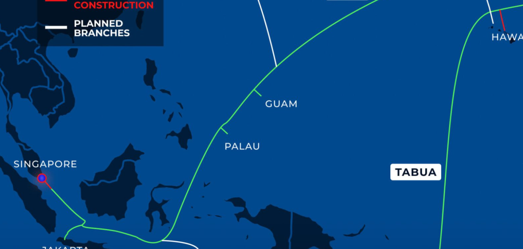 Illustration of Trans Pacific Networks's subsea cable systems. The company selected Ciena’s WaveLogic 6 Extreme to power the Echo and Tabua cables, creating a direct, low-latency 272Tb/s link between the US and Asia
