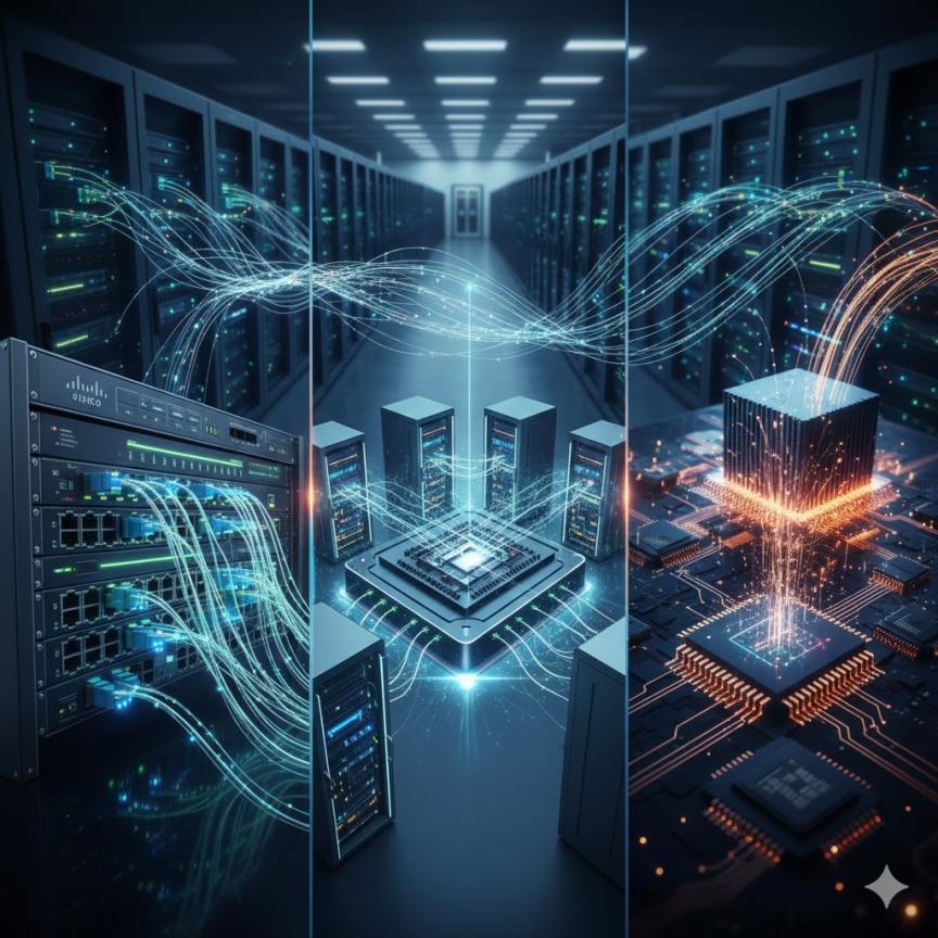 A conceptual image showing three panels: a network router with fibre cables on the left, a central processing unit (CPU) surrounded by servers in the middle, and a microchip board on the right, all connected by glowing digital data streams in a dark server room