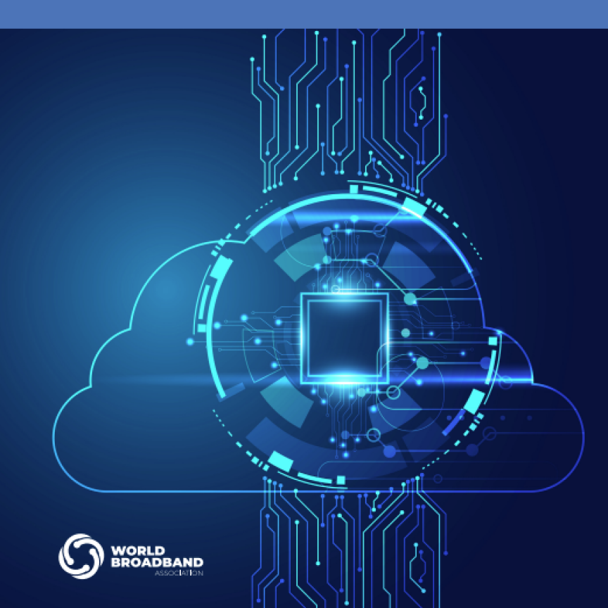 The front cover of the World Broadband Association’s 'Broadband and Cloud Development Index Report 2025.' The design features a dark blue background with a central graphic of a glowing microchip inside a digital circle, surrounded by the outline of a cloud and vertical circuit board lines