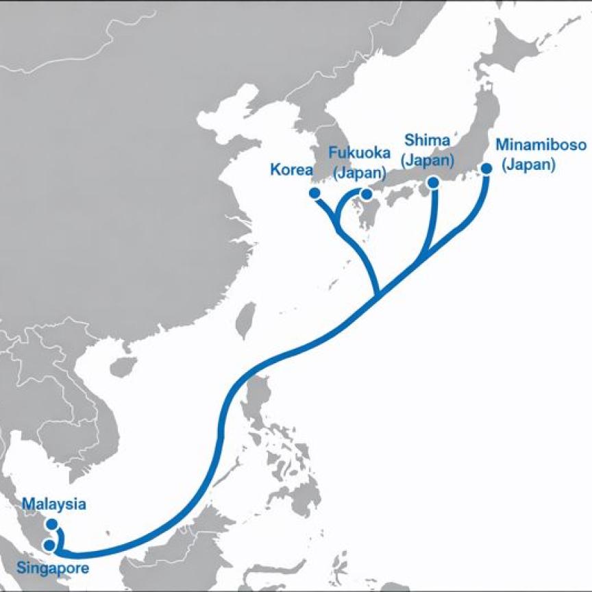 grey map of Japan (Chiba, Mie, Fukuoka), Malaysia, Singapore, and South Korea, with blue line depicting a subsea cable route