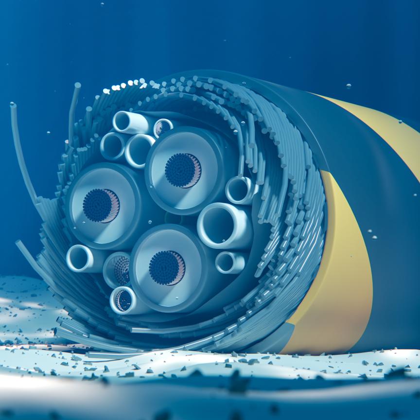 Broken submarine cable on the seabed. Internet connection failure. 3d rendering